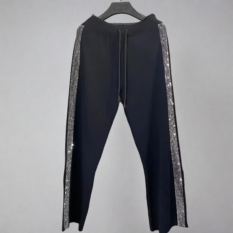 2024 Summer New Korean Fashion Heavy Industry Hot Drilling Vest Knitted Top+Casual Wide Leg Pants Two Piece Set Tracksuit Women