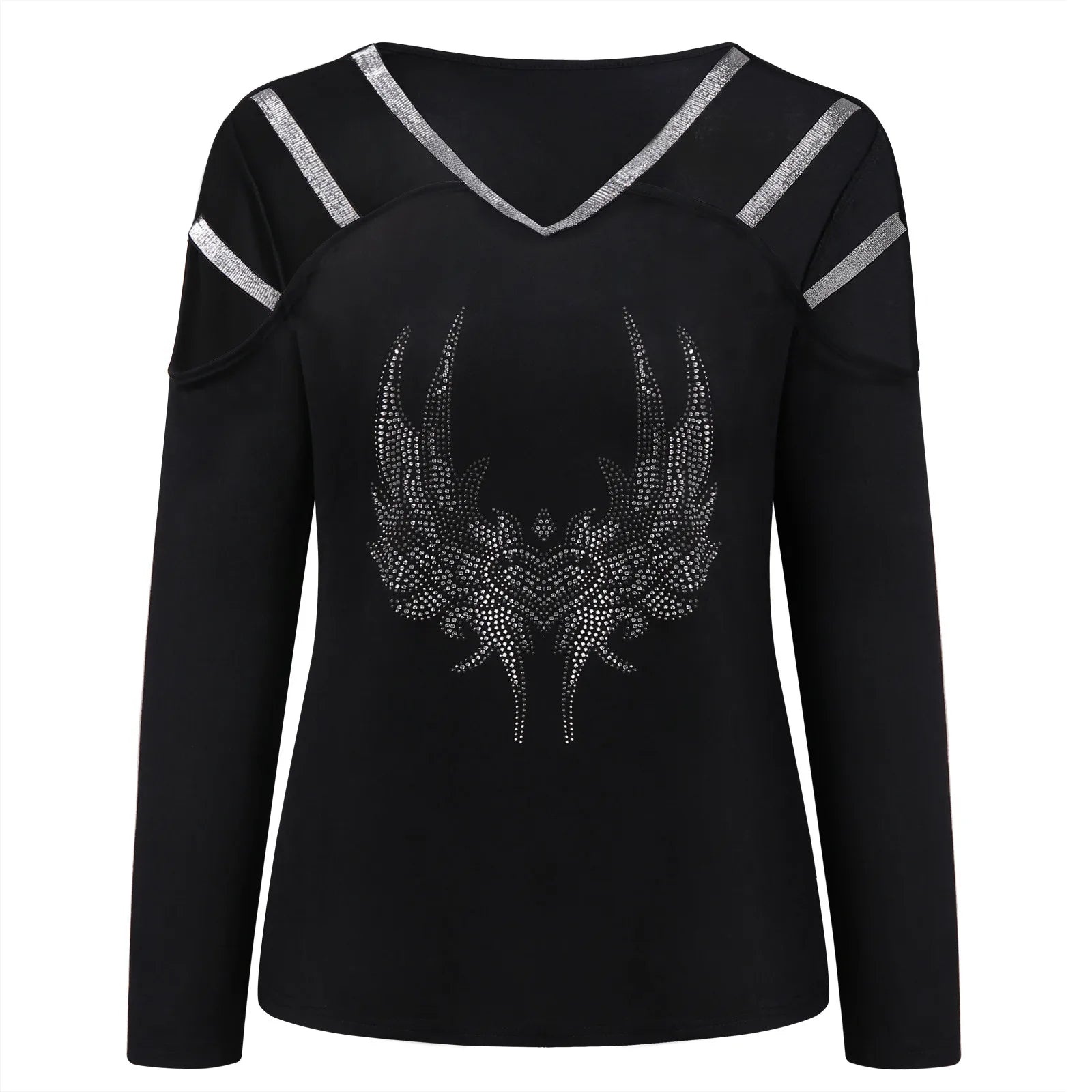 Fashion Bling Rhinestone T-Shirt Sexy Hollow Tops Tee Casual Autumn Winter Ladies Female Women Long Sleeve Blusas Pullover