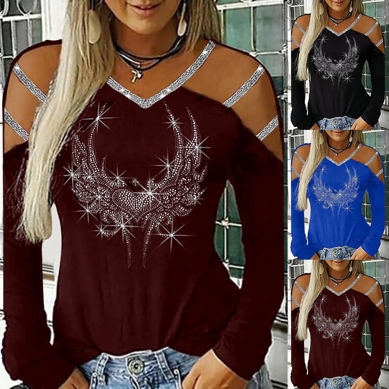 Fashion Bling Rhinestone T-Shirt Sexy Hollow Tops Tee Casual Autumn Winter Ladies Female Women Long Sleeve Blusas Pullover