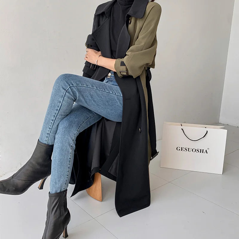 European American Top Quality Autumn spring Trench Coat women Long Coat Simple Chic Classic Female Windbreaker FY112