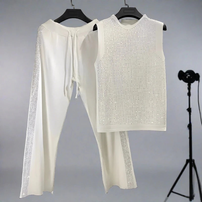 2024 Summer New Korean Fashion Heavy Industry Hot Drilling Vest Knitted Top+Casual Wide Leg Pants Two Piece Set Tracksuit Women