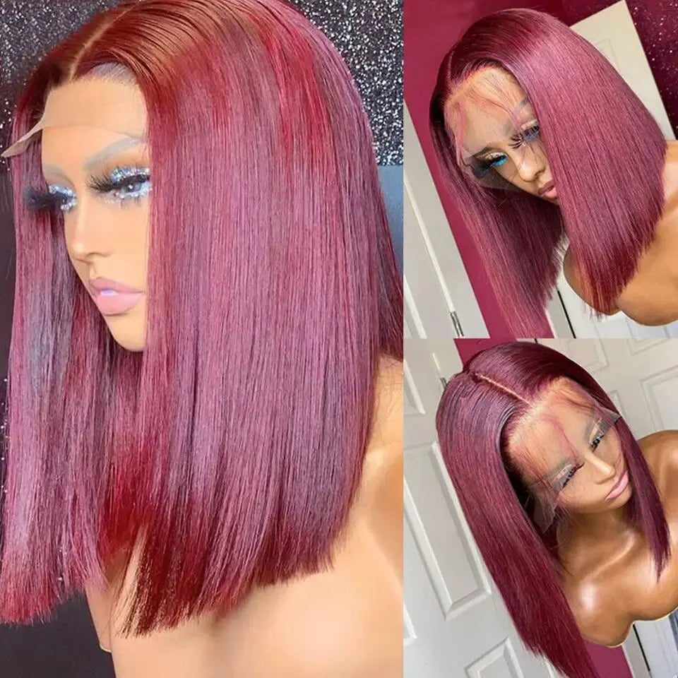 1B/99J Burgundy Short Straight Bob Human Hair Wigs Brazilian Lace Front Human Hair Wigs Pre Plucked T Part Lace Wigs Remy Hair