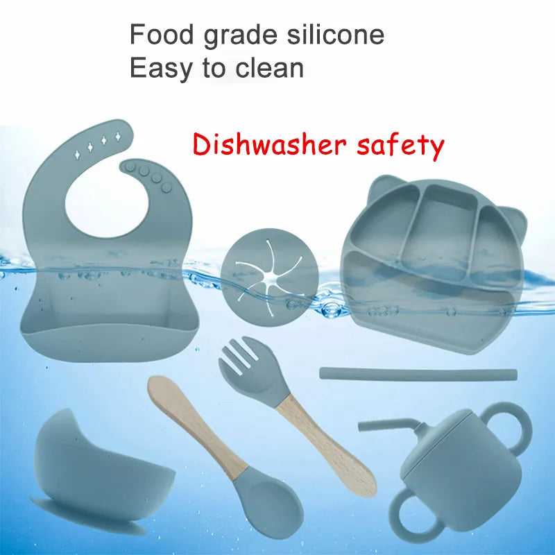 6Pcs Baby Silicone Feeding Set Personalized Names Kids Tableware Children's Dishes Set Sucker Bowl Maternal and Infant Supplies