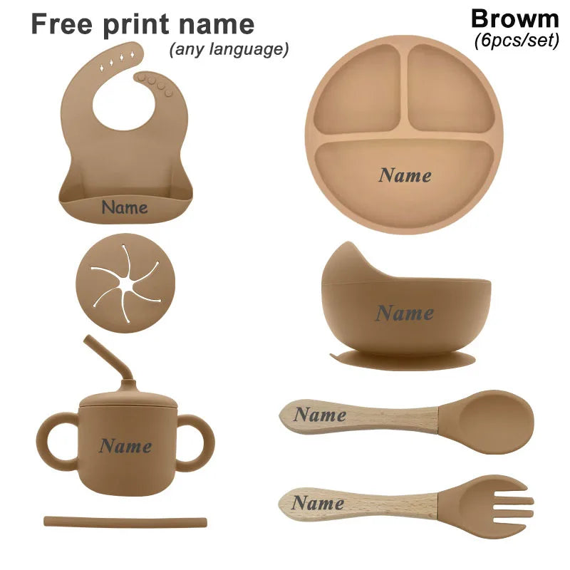 6Pcs Baby Silicone Feeding Set Personalized Names Kids Tableware Children's Dishes Set Sucker Bowl Maternal and Infant Supplies