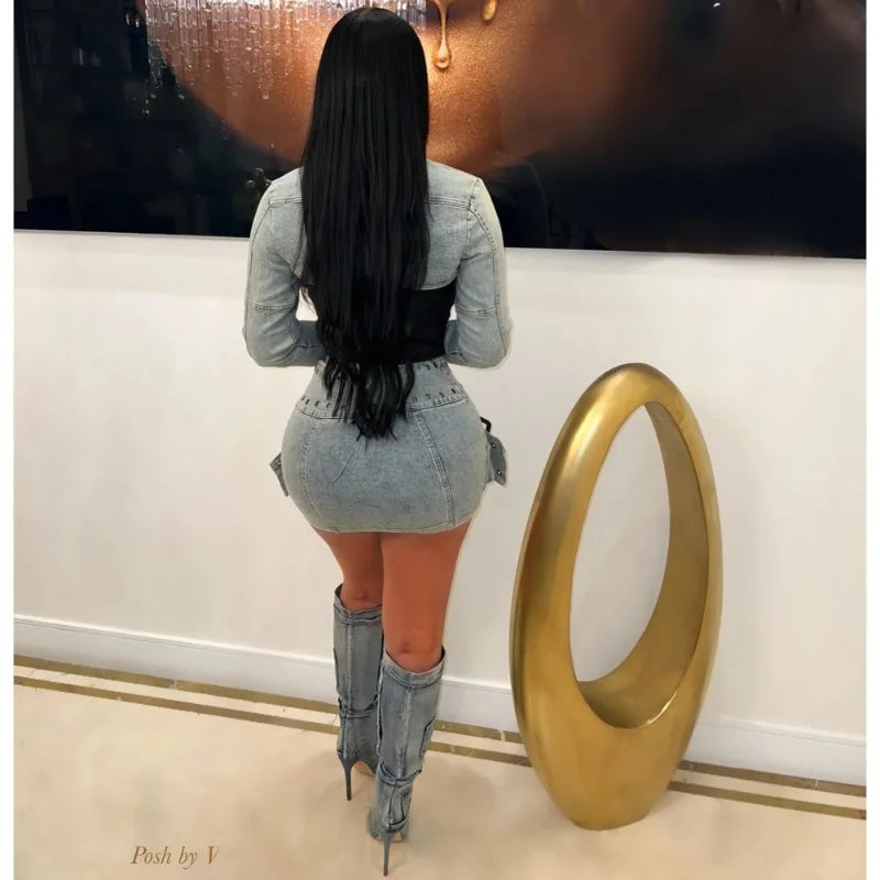 Fashion Y2K Grommet Cross Belt Women Denim Skirt Set Buckle Long Sleeve Jackets Crop Top Zipper Hipster Mini Skirts Jeans Suit