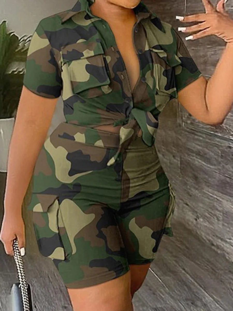 LW Plus Size Two pieces sets Camo Print Side Pocket Cargo Shorts Set summer women's clothing short sleeve top +shorts set