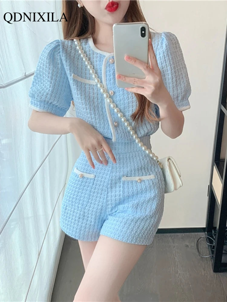 2023 Summer Women's Short Sets Korean Style Fashion Short Sleeve Top and Shorts 2 Piece Set Outfit Suit with Shorts for Women