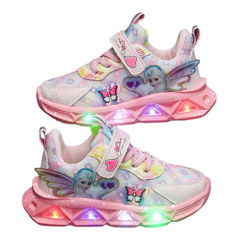 Disney Children's Sports Shoes Led Lights Sneaker Cartoon Frozen Princess Elsa PU Leather Girls' Pink Children's Running Shoes