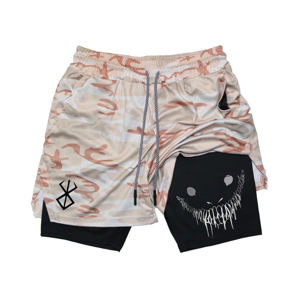 Anime Berserk Running Shorts Men Fitness Gym Training 2 in 1 Sports Shorts Quick Dry Workout Jogging Double Deck Summer