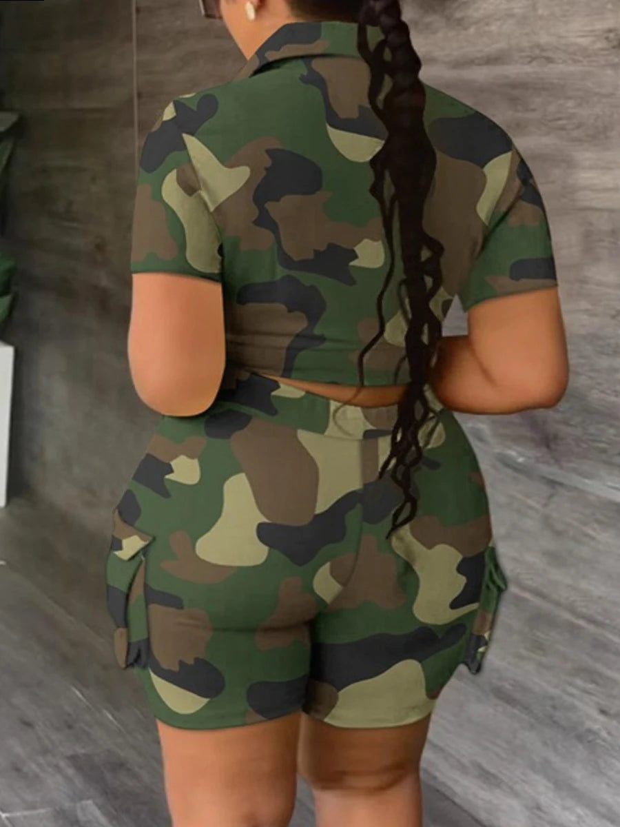 LW Plus Size Two pieces sets Camo Print Side Pocket Cargo Shorts Set summer women's clothing short sleeve top +shorts set