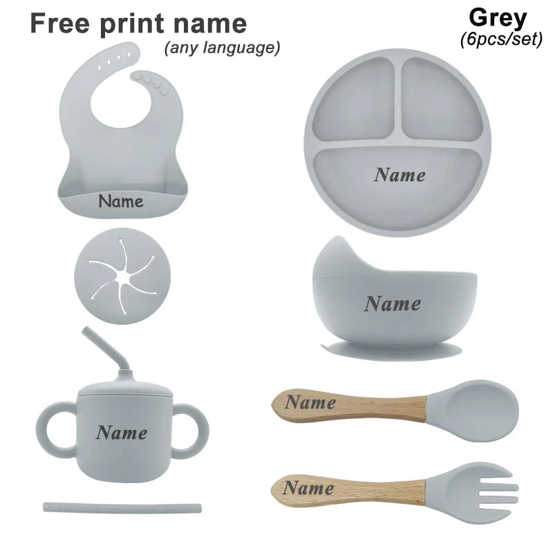 6Pcs Baby Silicone Feeding Set Personalized Names Kids Tableware Children's Dishes Set Sucker Bowl Maternal and Infant Supplies