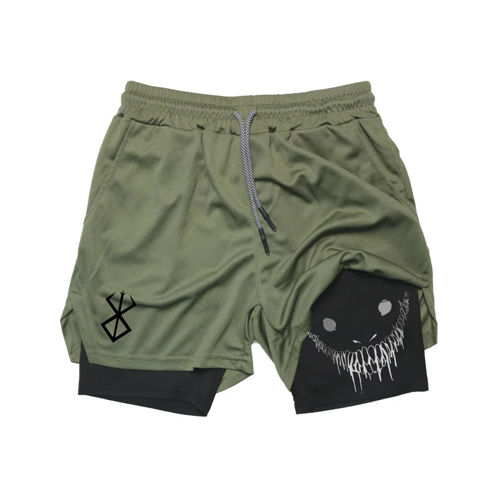 Anime Berserk Running Shorts Men Fitness Gym Training 2 in 1 Sports Shorts Quick Dry Workout Jogging Double Deck Summer