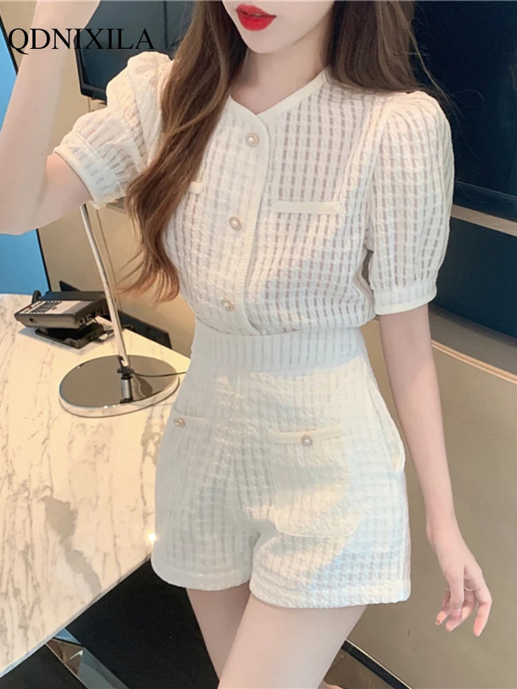 2023 Summer Women's Short Sets Korean Style Fashion Short Sleeve Top and Shorts 2 Piece Set Outfit Suit with Shorts for Women