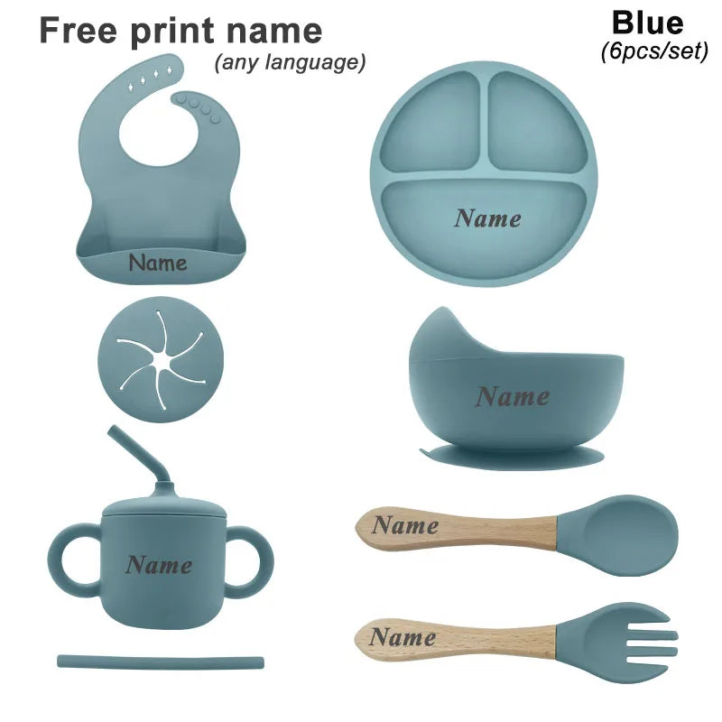 6Pcs Baby Silicone Feeding Set Personalized Names Kids Tableware Children's Dishes Set Sucker Bowl Maternal and Infant Supplies