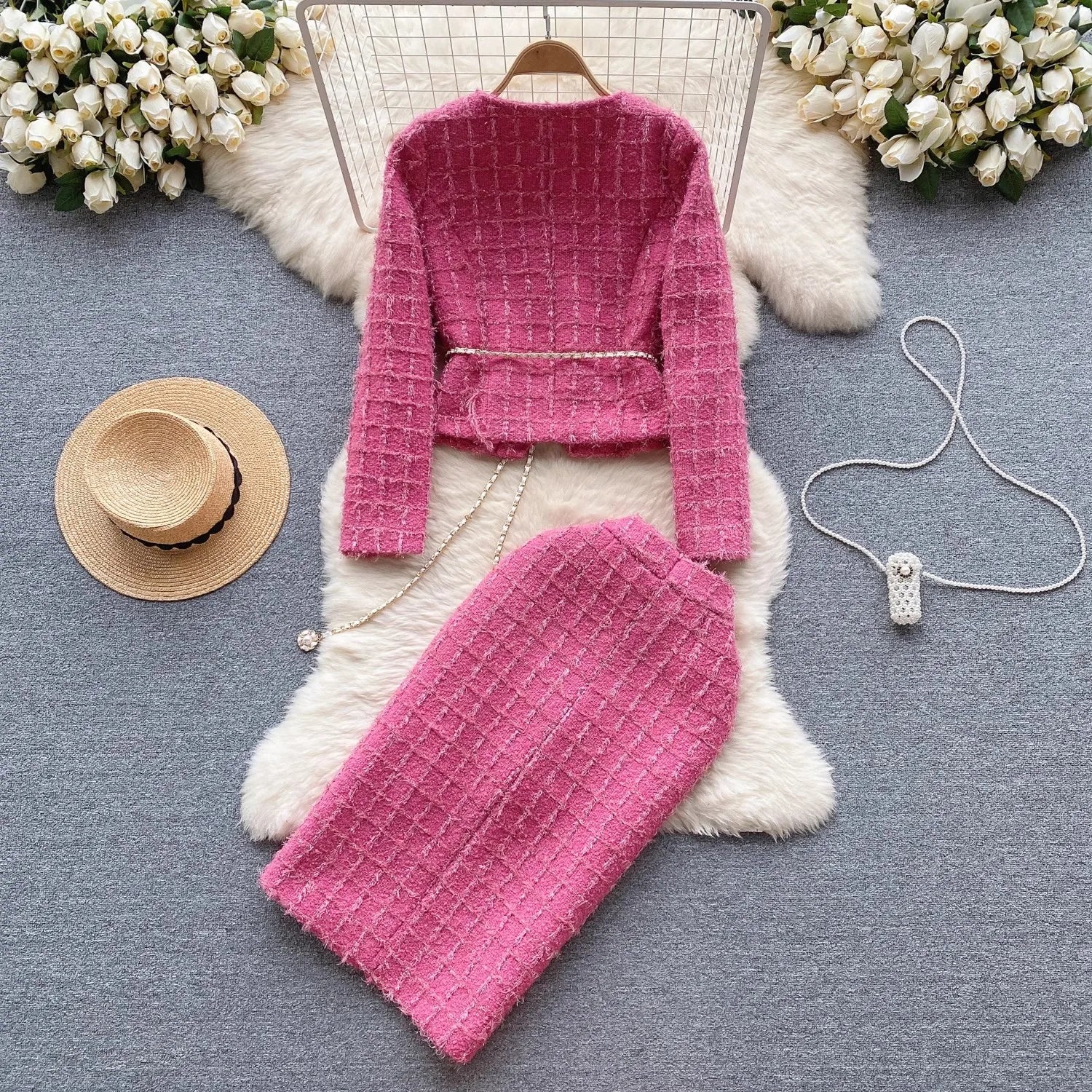 Autumn Winter 2 Piece Set Women Woolen Tweed Blazer Short Jacket Coat + Midi Pencil Skirt Suits Office Work Lady Wear Outfits