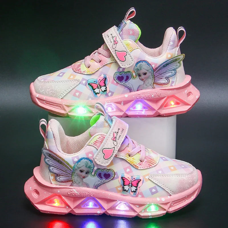 Disney Children's Sports Shoes Led Lights Sneaker Cartoon Frozen Princess Elsa PU Leather Girls' Pink Children's Running Shoes