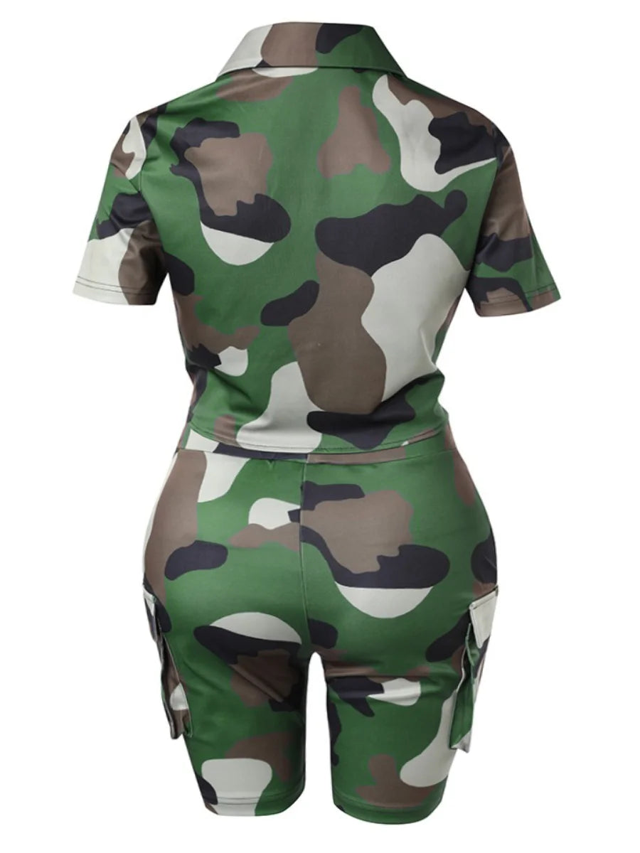 LW Plus Size Two pieces sets Camo Print Side Pocket Cargo Shorts Set summer women's clothing short sleeve top +shorts set