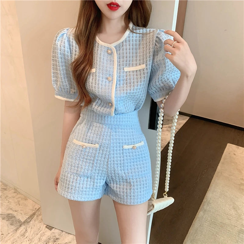 2023 Summer Women's Short Sets Korean Style Fashion Short Sleeve Top and Shorts 2 Piece Set Outfit Suit with Shorts for Women