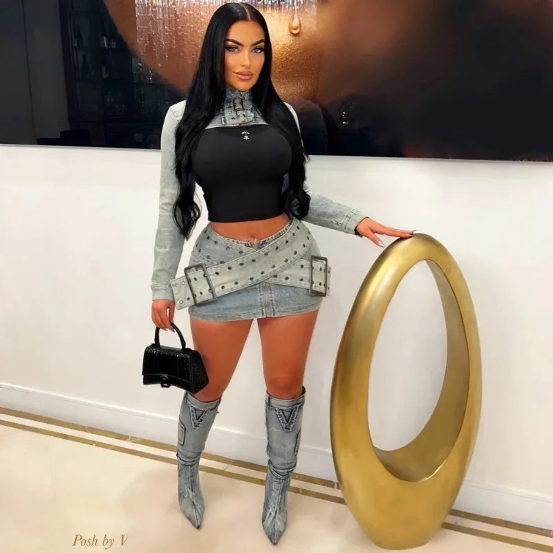 Fashion Y2K Grommet Cross Belt Women Denim Skirt Set Buckle Long Sleeve Jackets Crop Top Zipper Hipster Mini Skirts Jeans Suit