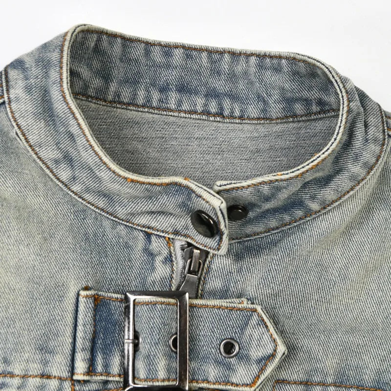 Fashion Y2K Grommet Cross Belt Women Denim Skirt Set Buckle Long Sleeve Jackets Crop Top Zipper Hipster Mini Skirts Jeans Suit