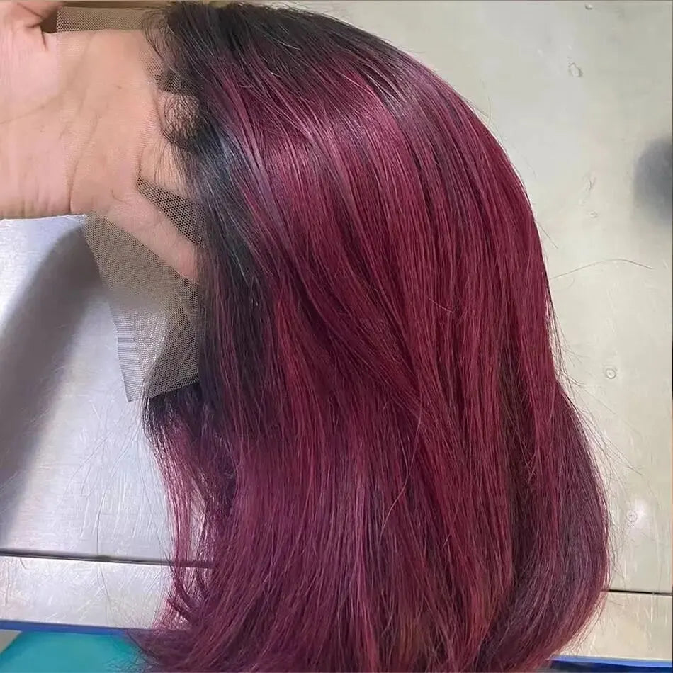 1B/99J Burgundy Short Straight Bob Human Hair Wigs Brazilian Lace Front Human Hair Wigs Pre Plucked T Part Lace Wigs Remy Hair
