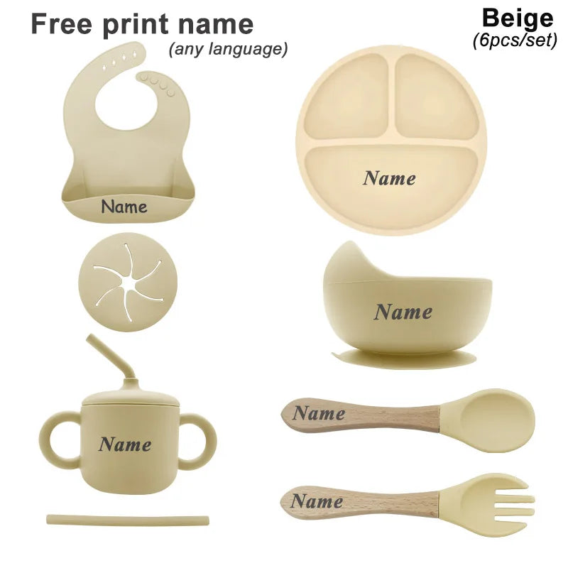 6Pcs Baby Silicone Feeding Set Personalized Names Kids Tableware Children's Dishes Set Sucker Bowl Maternal and Infant Supplies