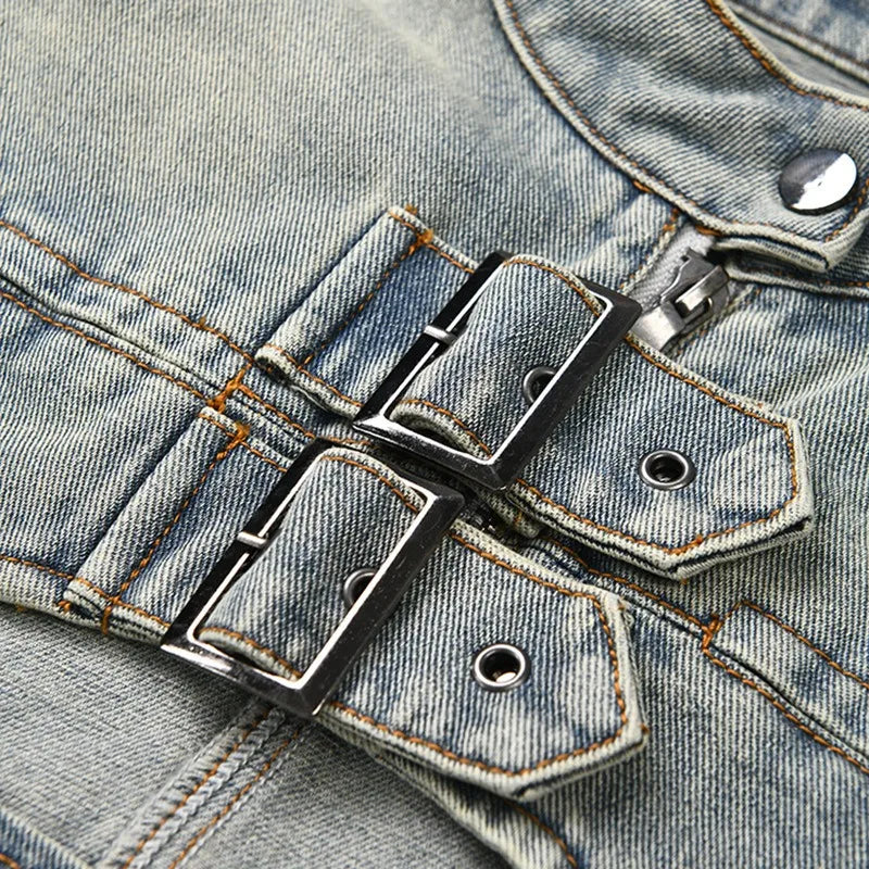 Fashion Y2K Grommet Cross Belt Women Denim Skirt Set Buckle Long Sleeve Jackets Crop Top Zipper Hipster Mini Skirts Jeans Suit