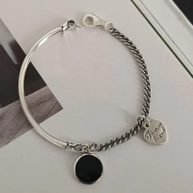 ANENJERY Hip Hop Love Heart-Shaped Bracelet for Women Round Black Disc Bangles Gothic Streetwear Trend Cool Accessories Jewelry