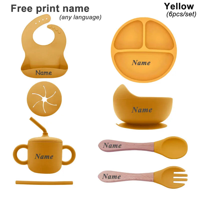 6Pcs Baby Silicone Feeding Set Personalized Names Kids Tableware Children's Dishes Set Sucker Bowl Maternal and Infant Supplies