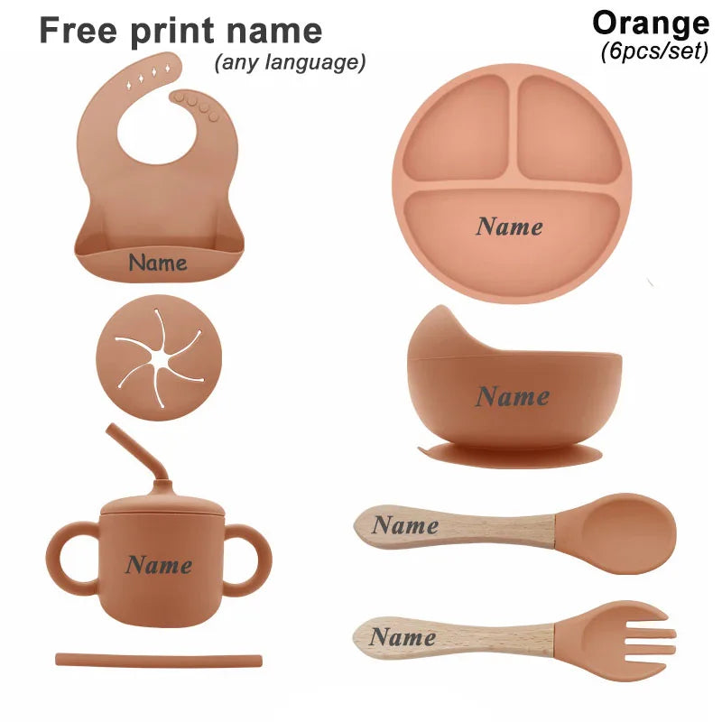 6Pcs Baby Silicone Feeding Set Personalized Names Kids Tableware Children's Dishes Set Sucker Bowl Maternal and Infant Supplies