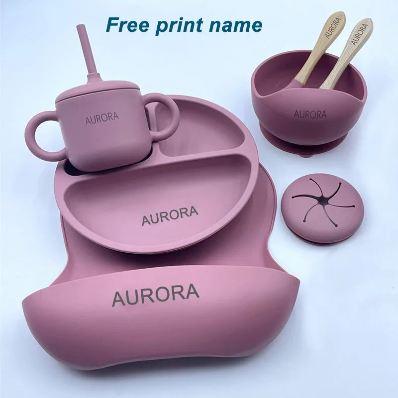 6Pcs Baby Silicone Feeding Set Personalized Names Kids Tableware Children's Dishes Set Sucker Bowl Maternal and Infant Supplies