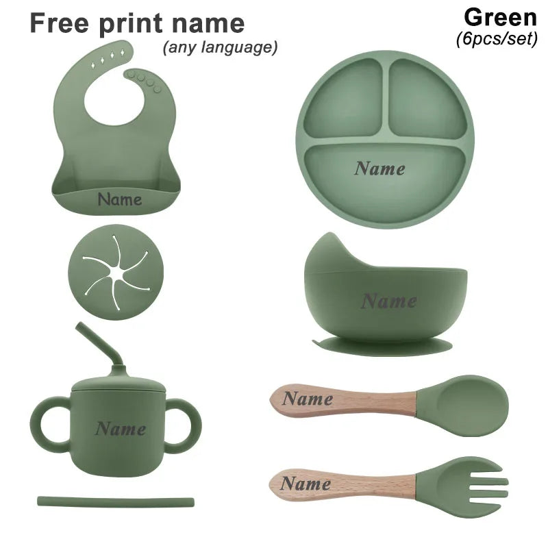 6Pcs Baby Silicone Feeding Set Personalized Names Kids Tableware Children's Dishes Set Sucker Bowl Maternal and Infant Supplies
