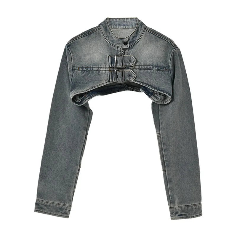 Fashion Y2K Grommet Cross Belt Women Denim Skirt Set Buckle Long Sleeve Jackets Crop Top Zipper Hipster Mini Skirts Jeans Suit