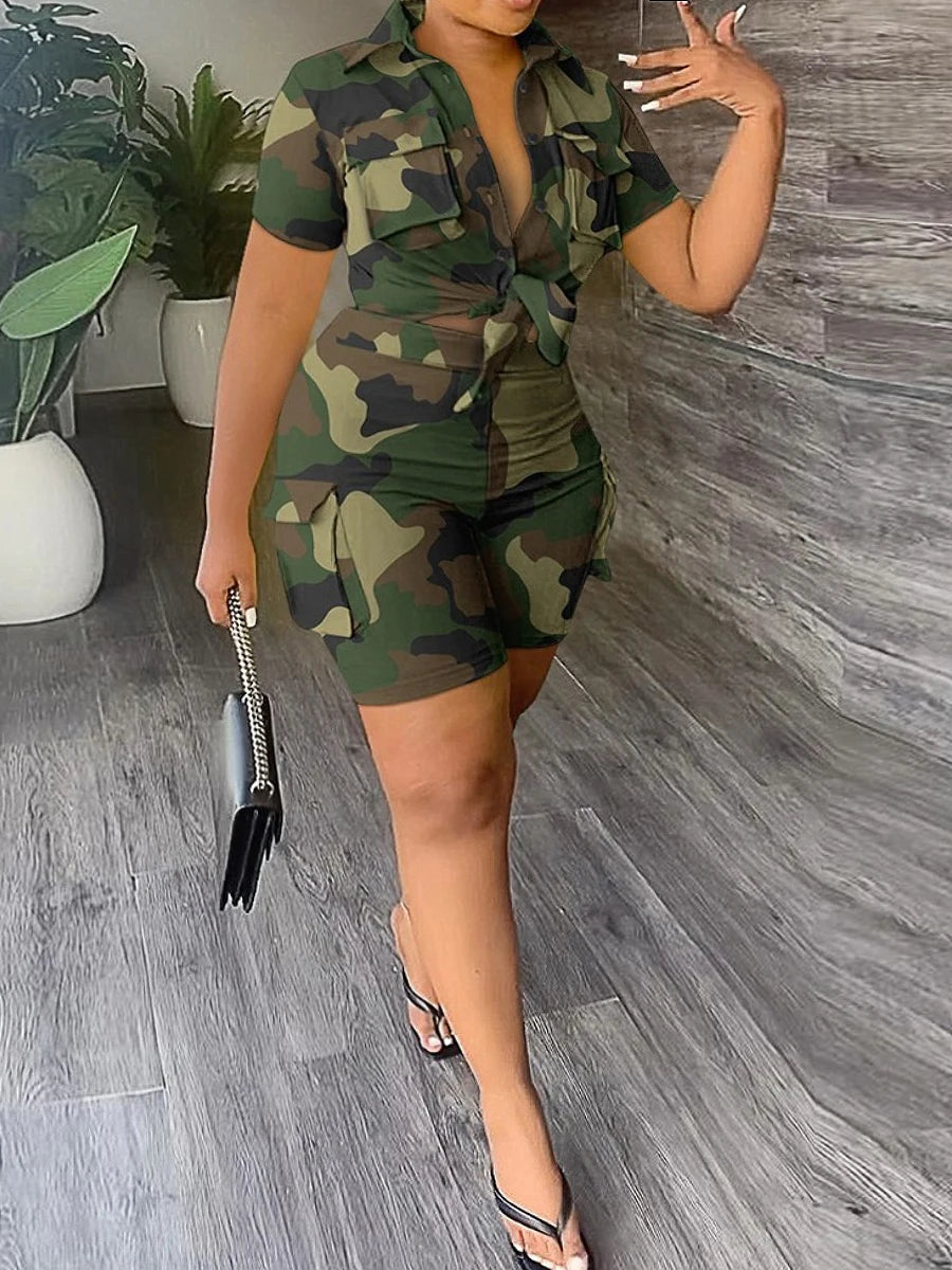 LW Plus Size Two pieces sets Camo Print Side Pocket Cargo Shorts Set summer women's clothing short sleeve top +shorts set