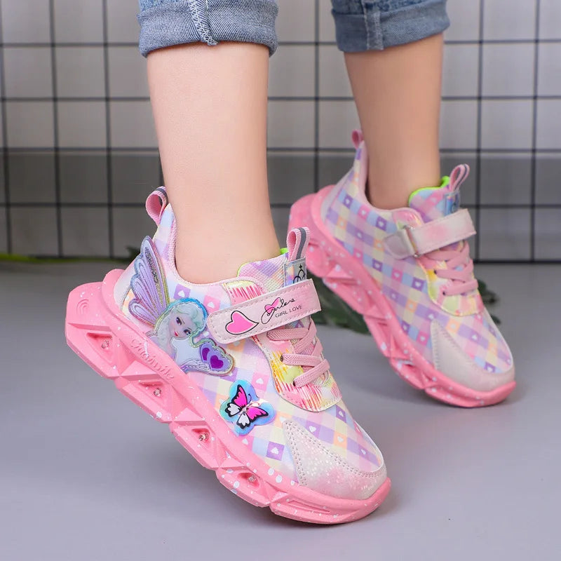 Disney Children's Sports Shoes Led Lights Sneaker Cartoon Frozen Princess Elsa PU Leather Girls' Pink Children's Running Shoes