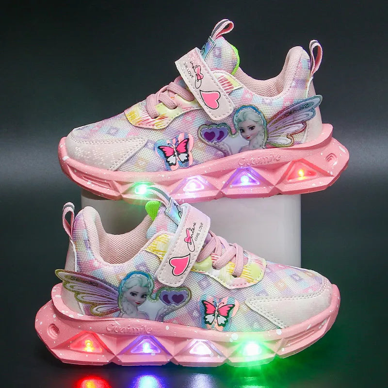 Disney Children's Sports Shoes Led Lights Sneaker Cartoon Frozen Princess Elsa PU Leather Girls' Pink Children's Running Shoes