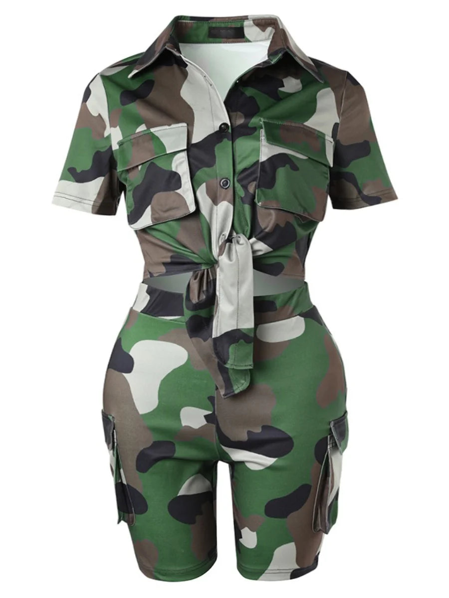 LW Plus Size Two pieces sets Camo Print Side Pocket Cargo Shorts Set summer women's clothing short sleeve top +shorts set