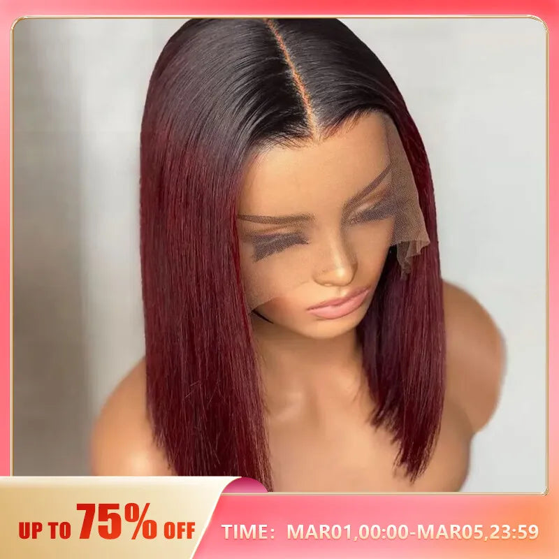 1B/99J Burgundy Short Straight Bob Human Hair Wigs Brazilian Lace Front Human Hair Wigs Pre Plucked T Part Lace Wigs Remy Hair