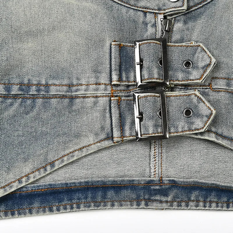 Fashion Y2K Grommet Cross Belt Women Denim Skirt Set Buckle Long Sleeve Jackets Crop Top Zipper Hipster Mini Skirts Jeans Suit