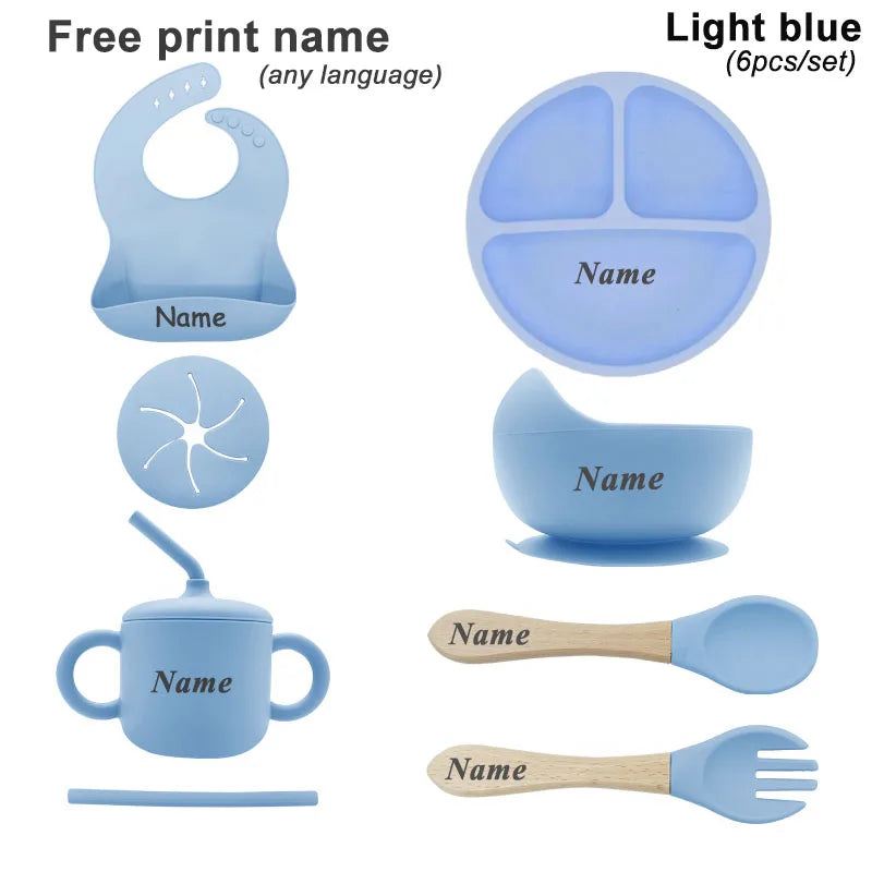 6Pcs Baby Silicone Feeding Set Personalized Names Kids Tableware Children's Dishes Set Sucker Bowl Maternal and Infant Supplies