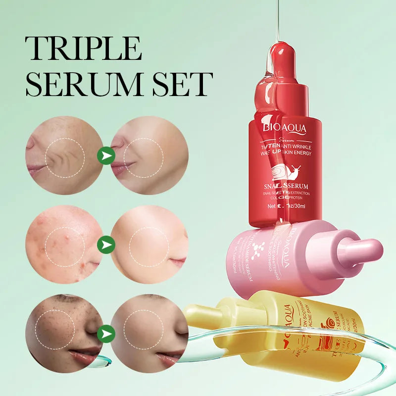 3pcs/set BIOAQUA Turmeric Snail Nicotinamide Facial Essence Moisturizing Anti Wrinkle Whitening Face Serum Skin Care Products